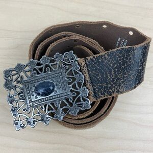 Express Women’s Belt Size Small Black Cracked Leather Square Buckle Italy Y2K